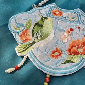 Embroidered Bird & Floral Shoulder Bag Double-Sided, Pearl Strap, 9.8"x6.7" New